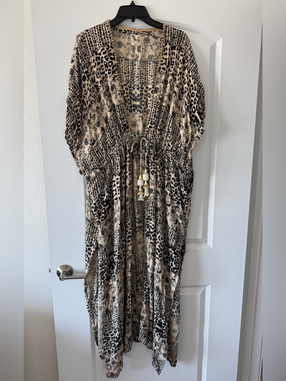 Violet Sky Bohemian Leopard Floral Patchwork Kaftan Cover-Up Dress L Tassel